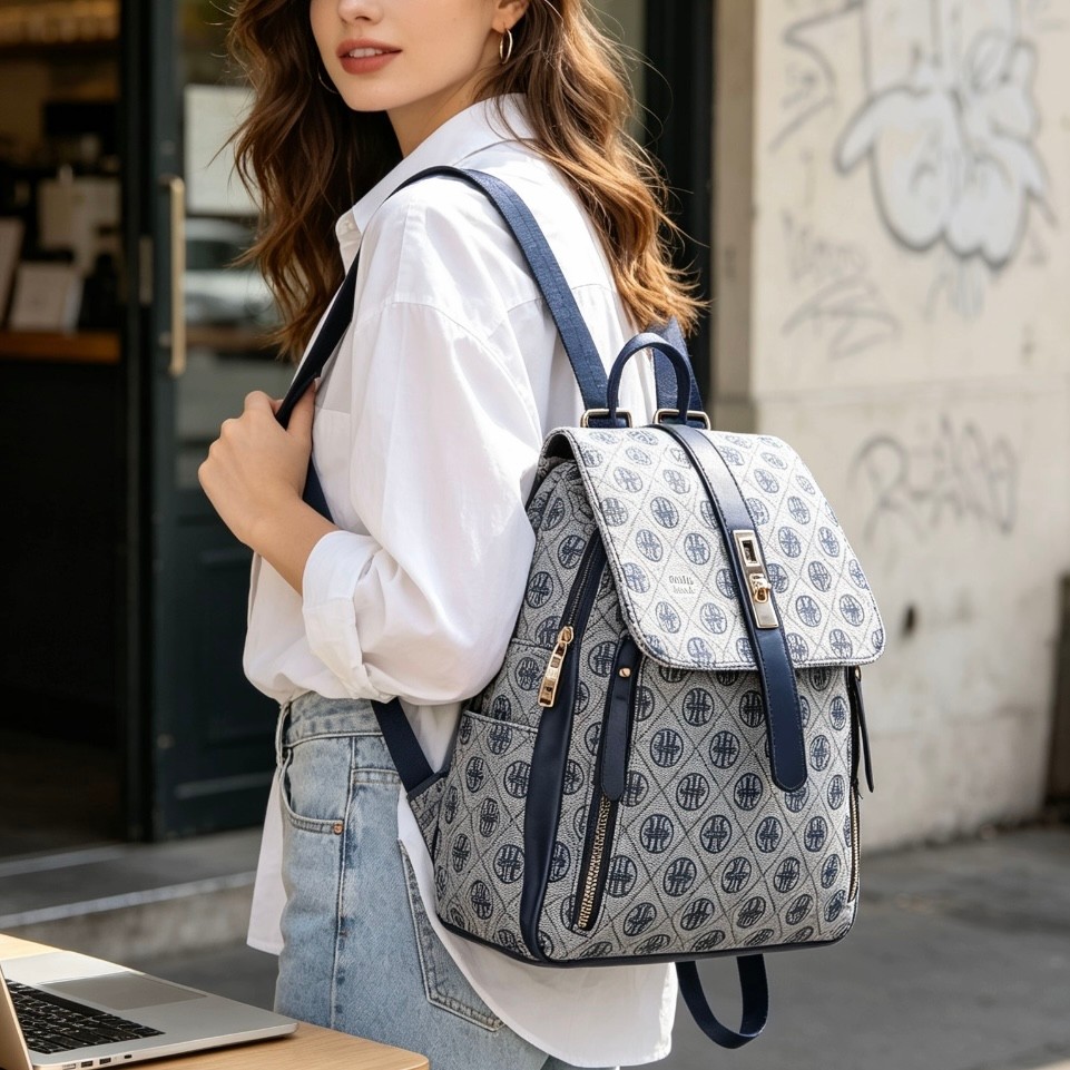Mochila Feminina Retrô com Aba e Monograma Ocasiões Informais Feita em Couro Sintético TM9099 JZ