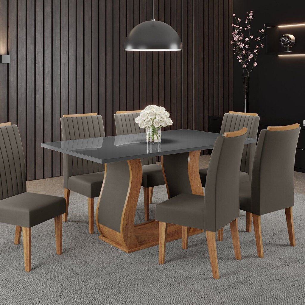 Conjunto Mesa de Jantar Retangular Manuela 160x80cm sem Vidro e 6 Cadeiras Yescasa Cinza/Grafite/Mel Grafite/Mel