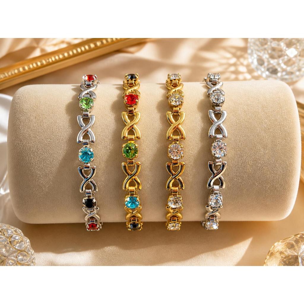 Pulseira Feminina Aço Inoxidável com Zircônia Brilhante Ajustável 17cm + 3cm Corrente Extensora Design Elegante