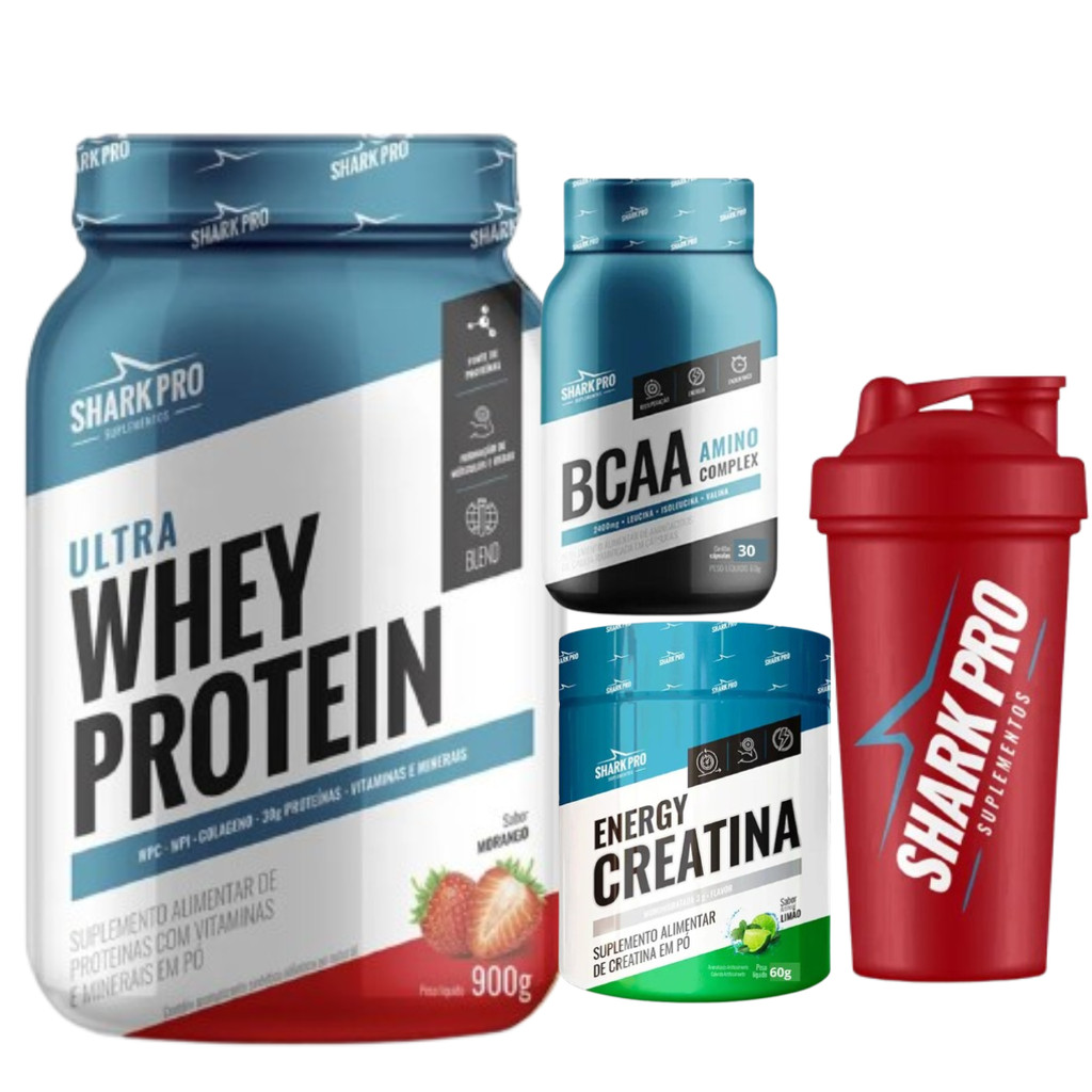 COMBO SHARK PRO WHEY PROTEIN MORANGO + CREATINA + BCAA POTE