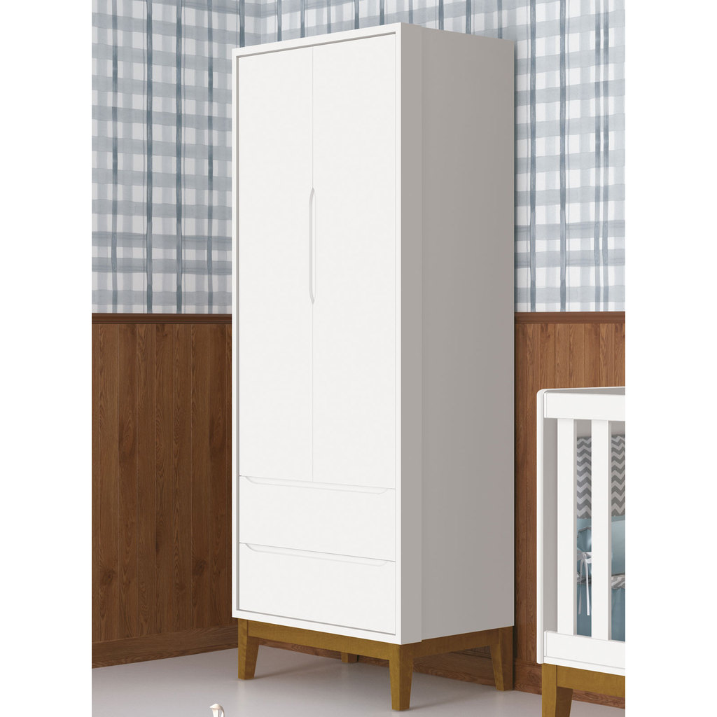 Guarda-Roupa Retrô Quarto Bebe 2 Portas 2 Gavetas Classic New Branco Fosco com Madeira - MoveisAqui