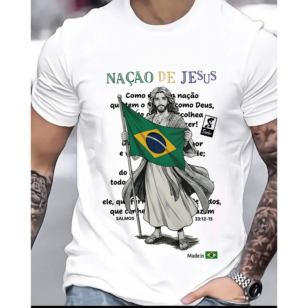 [Camiseta Premium em Algodão Puro]GXG Homem Short - Sleeve Camiseta com Imagem de Jesus e Bandeira do Brasil, Estilo Rel