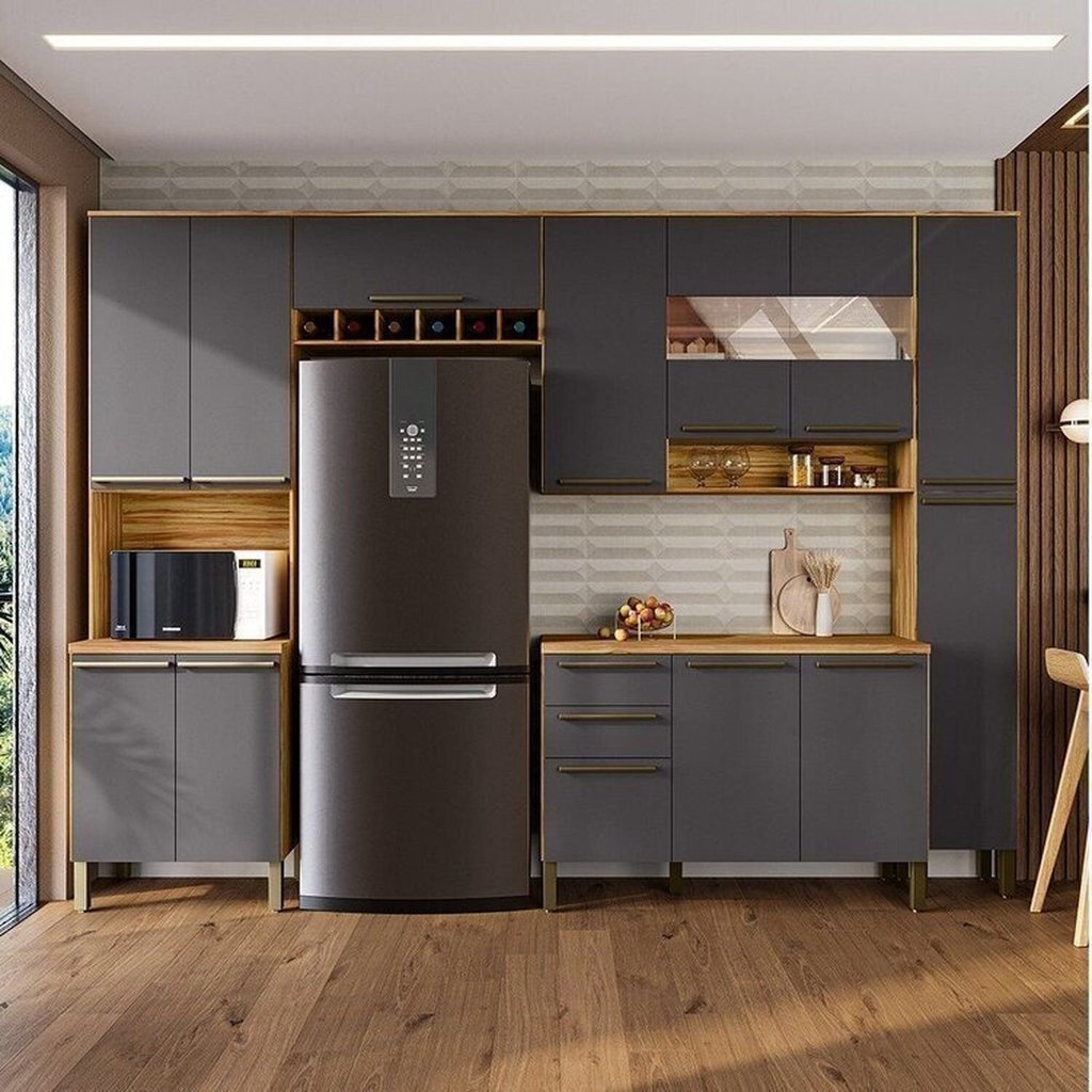 Cozinha Completa 100% Mdf com 5 Peças 13 Portas e 2 Gavetas com Vidro e Tampo Itália Espresso Móveis Amêndoa/Chumbo