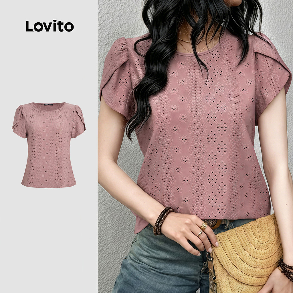 Lovito Camiseta Elegante Jacquard para Mulheres Confortável e Estilosa Primavera
