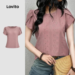 Lovito Camiseta Elegante Jacquard para Mulheres Confortável e Estilosa Primavera/verão Cinza e rosa LK5ED1590