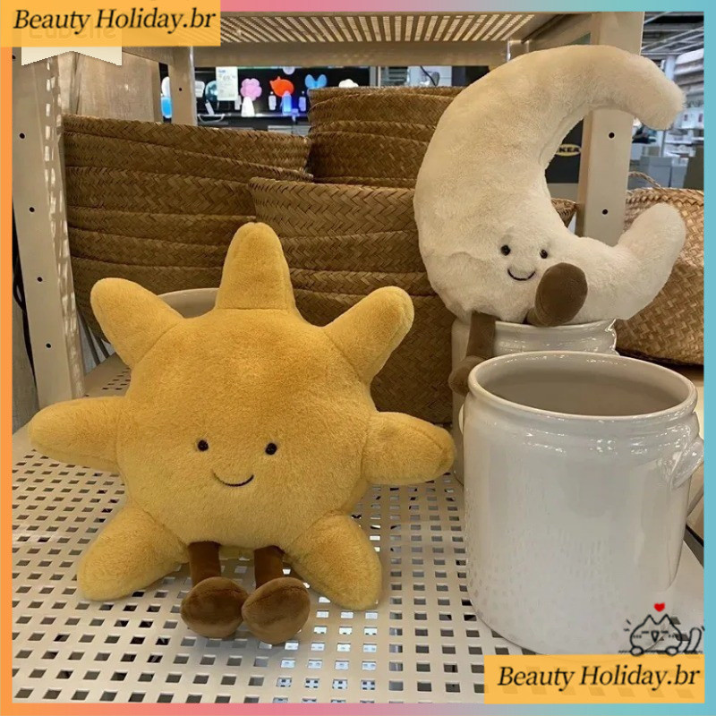 Adorável Rosto Sorridente Lua Branco Amarelo Sol Plushie Recheado Bonito Dos Desenhos Animados Tempo Brinquedo De Pelúci