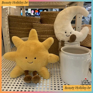 Adorável Rosto Sorridente Lua Branco Amarelo Sol Plushie Recheado Bonito Dos Desenhos Animados Tempo Brinquedo De Pelúci