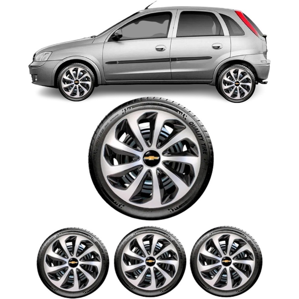 Calota Aro 14 Corsa Celta Prisma Meriva Classic Montana Agile Cobalt  Kit 4 Calota Velox Preto/Prata