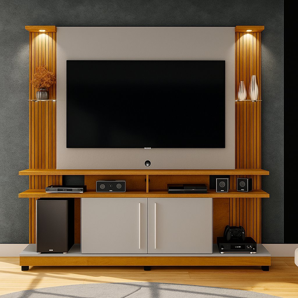 Estante Home para TV até 60 Polegadas 183CMX180CM com LED e Prateleiras de Vidro York Marrom Naturalle/Off Branco