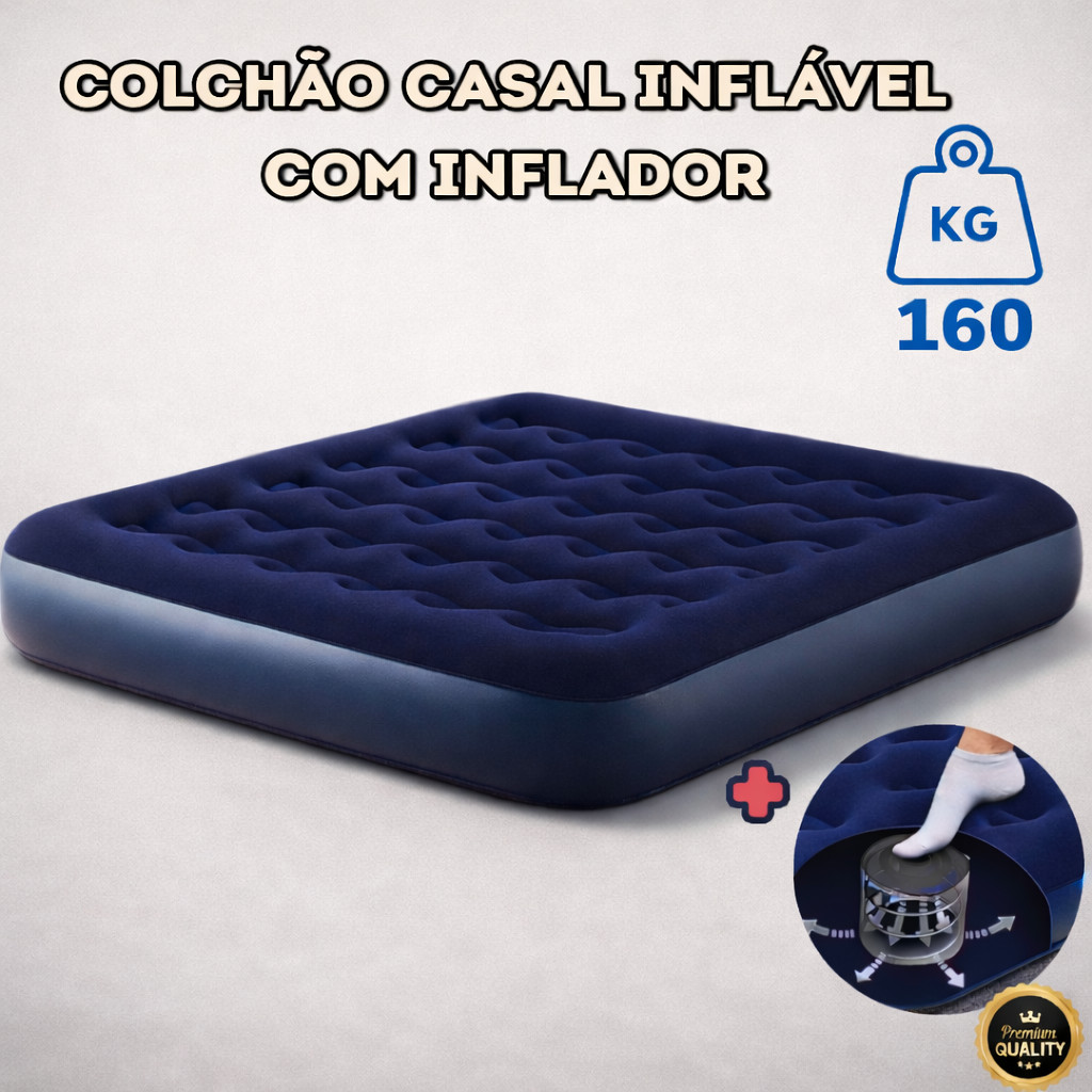 Colchão Inflável de Casal SUPORTA 160KG Resistente Aveludado Portátil Com Inflador de Ar Incluso Camping Praia Multiuso