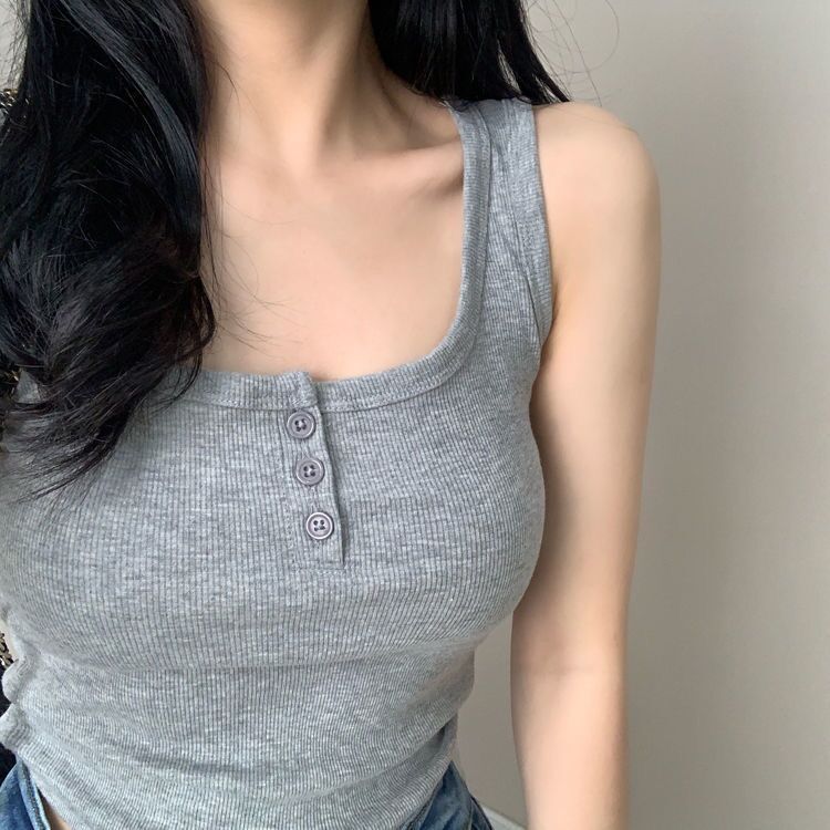 Chique All-Match estilo básico botão camisola feminina 2026 verão Retro exterior usar sem mangas camiseta de malha topo 