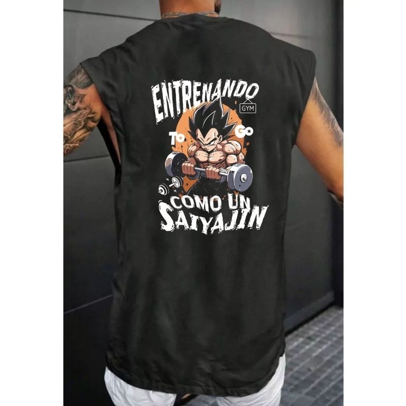 Camiseta Regata Oversized Estampada Saiyajin Masculina Estilo Streetwear Academia Treino Fitness Casual Verão