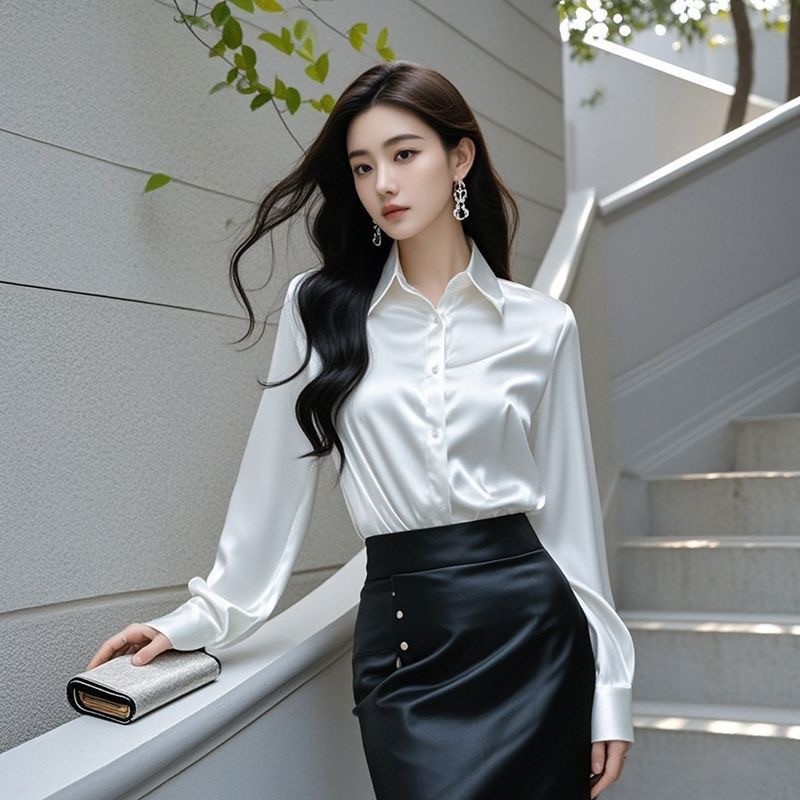 2025 primavera outono novo estilo High-End luz luxo cetim camisa feminina de manga comprida estilo ocidental Anti-rugas 