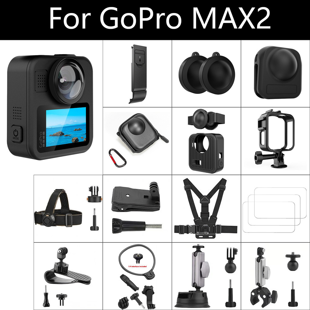 Para GoPro MAX 2 Acessórios Kit Saco De Armazenamento Protetor Tela Vidro Temperado Silicone Caso Quadro Montagem Go Pro