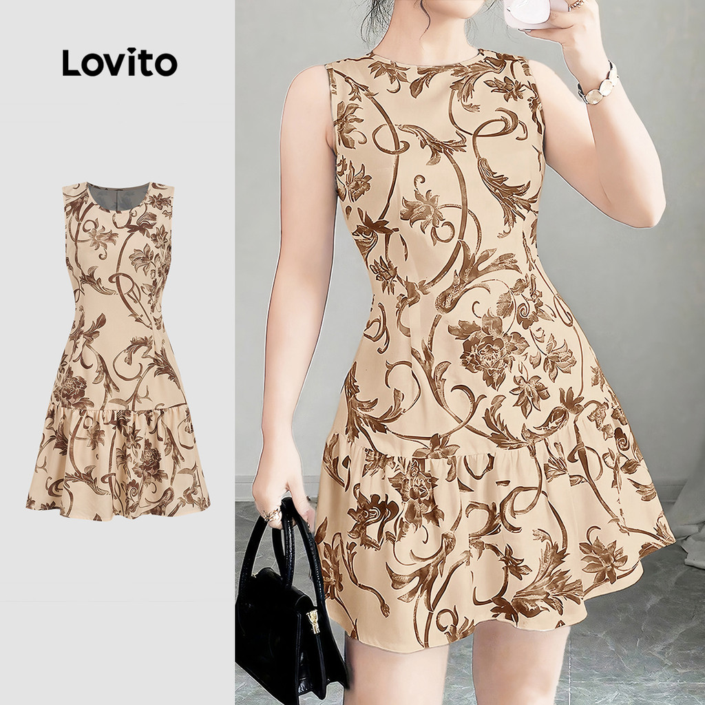 Lovito Vestido Boho com Flores Linhas Estruturadas Babados Na Barra Vestido de P
