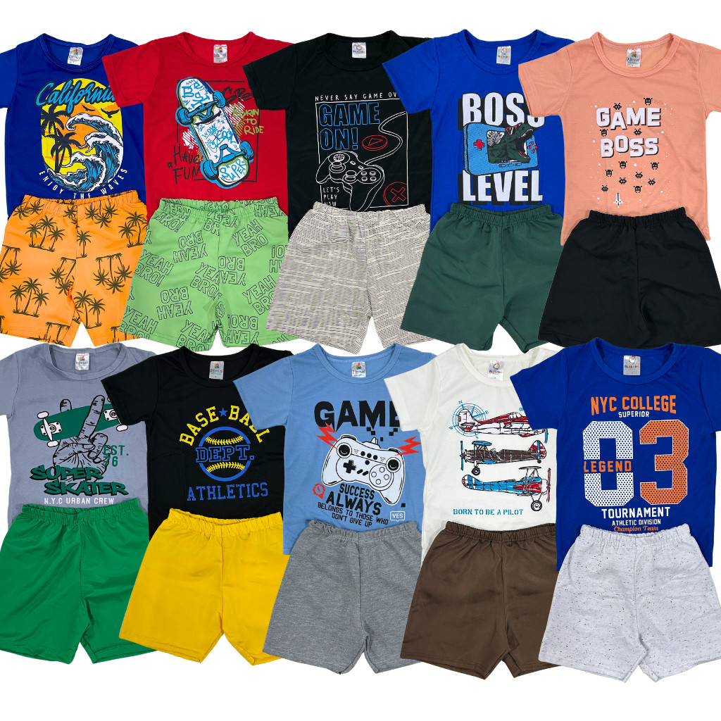 Kit 6 ou 10 Peças 3 ou 5 Conjunto Roupa Infantil Menino Verão Sortido Estampado Camiseta + Shorts