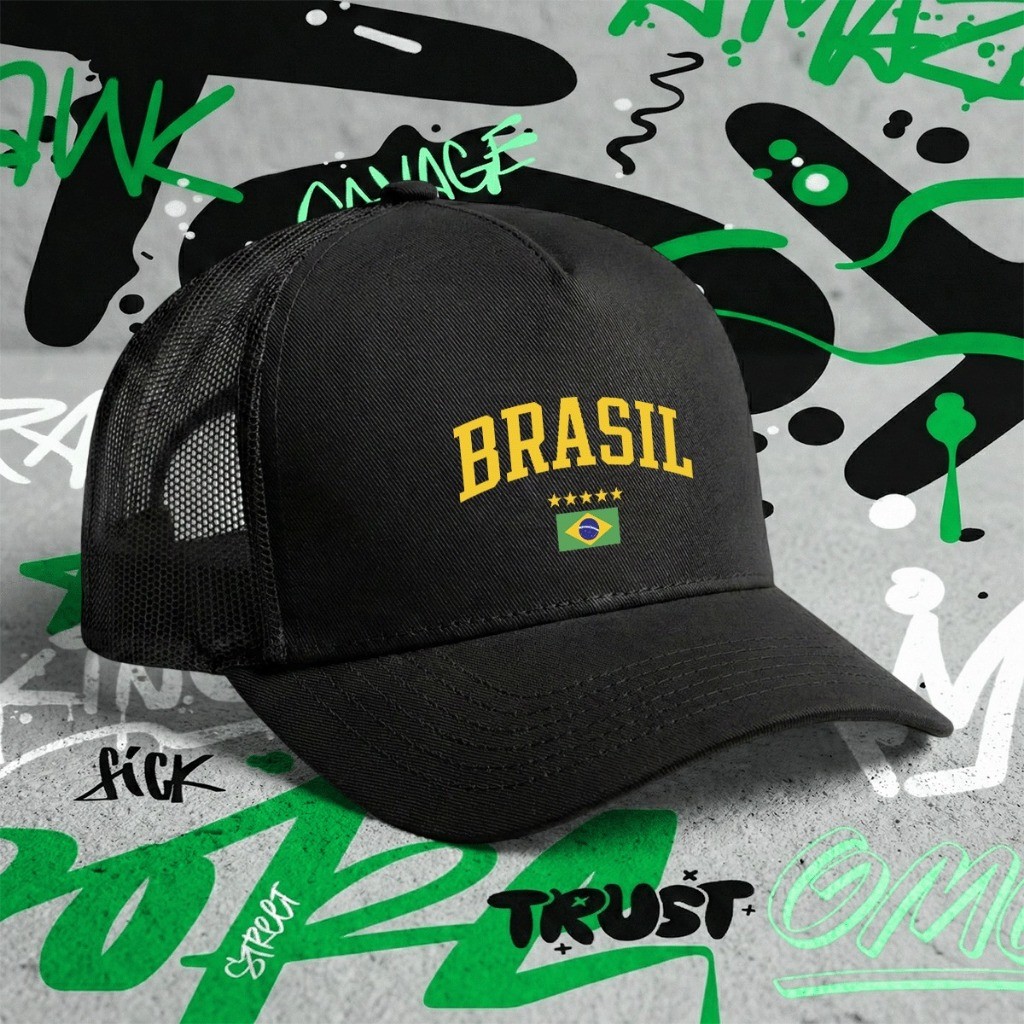 Boné Trucker Telinha "Brasil Vibes" Exclusivo Aba Curva Unissex Estilo Casual Aesthetic Copa do Mundo 2026