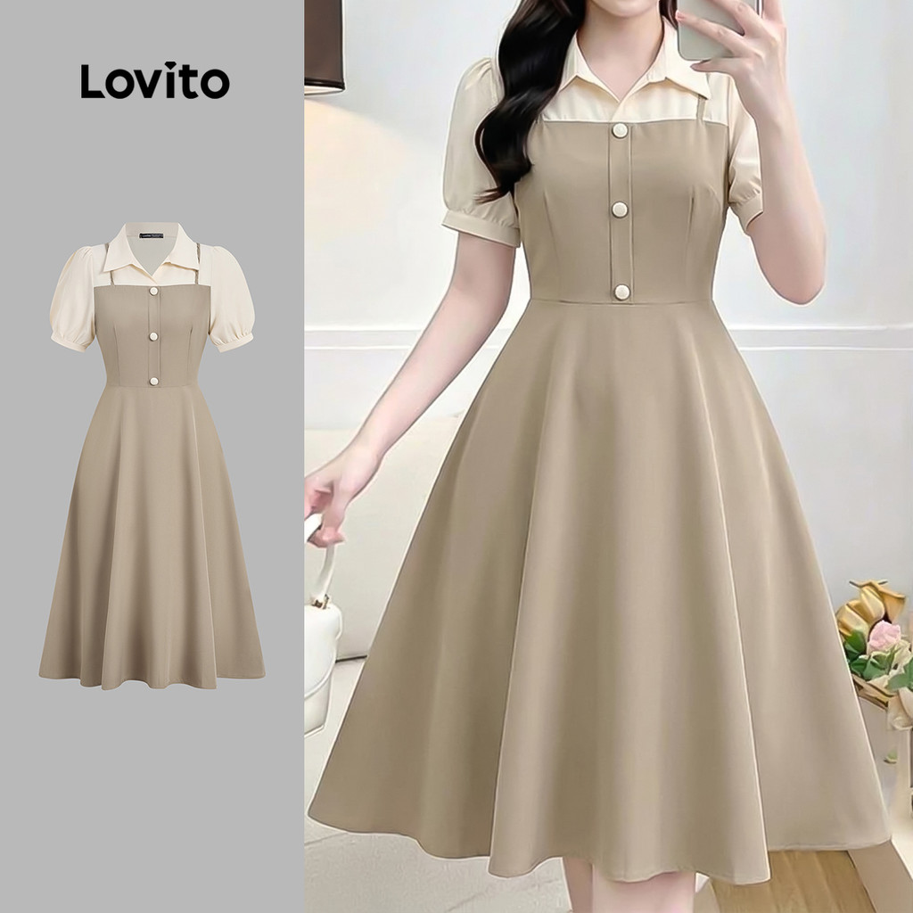 Lovito Vestido Casual Falso 2 Em 1 Com Botões Em Blocos De Cores Cor Cáqui Claro Primavera/verão Para Mulheres L189ED190