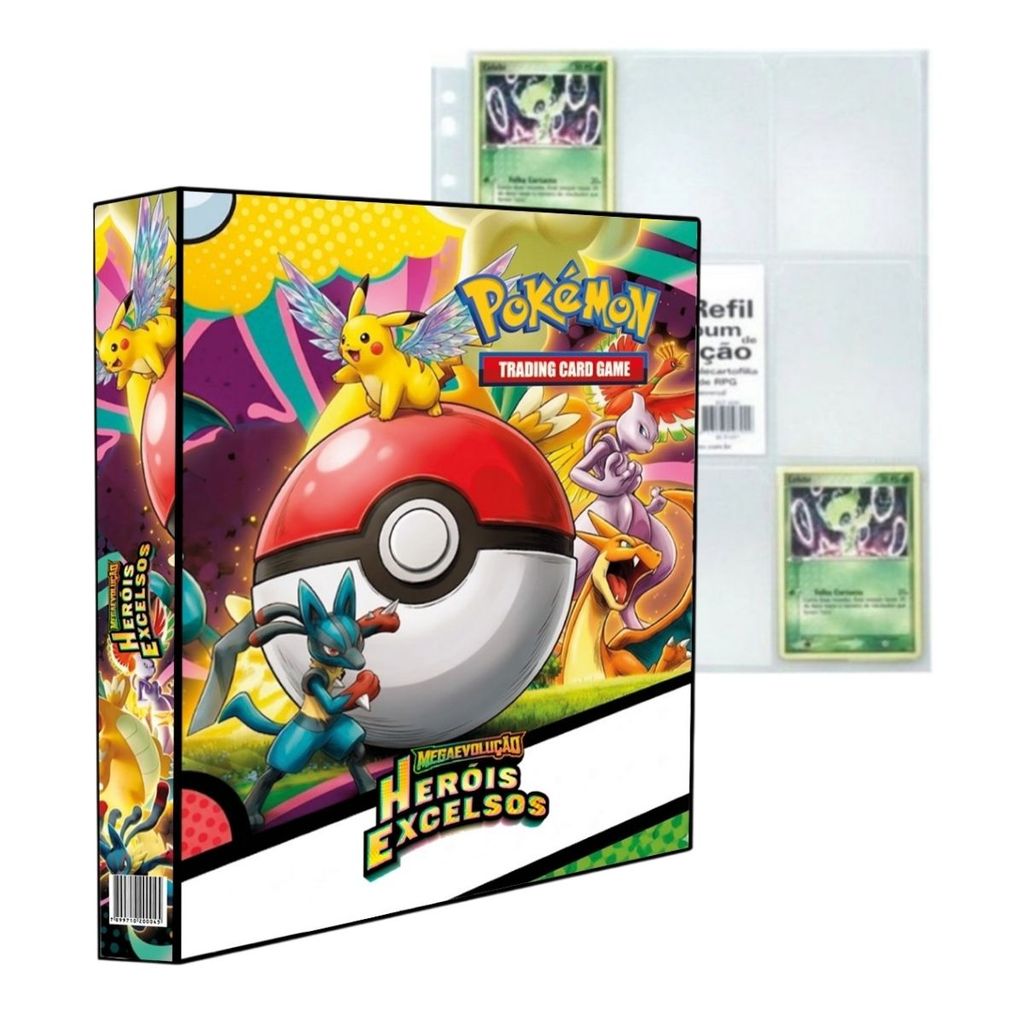 Álbum Pasta Fichário Pokemon Mega Evolução Heróis Excelsos com 10 Folhas Plásticas TCG Capa Dura