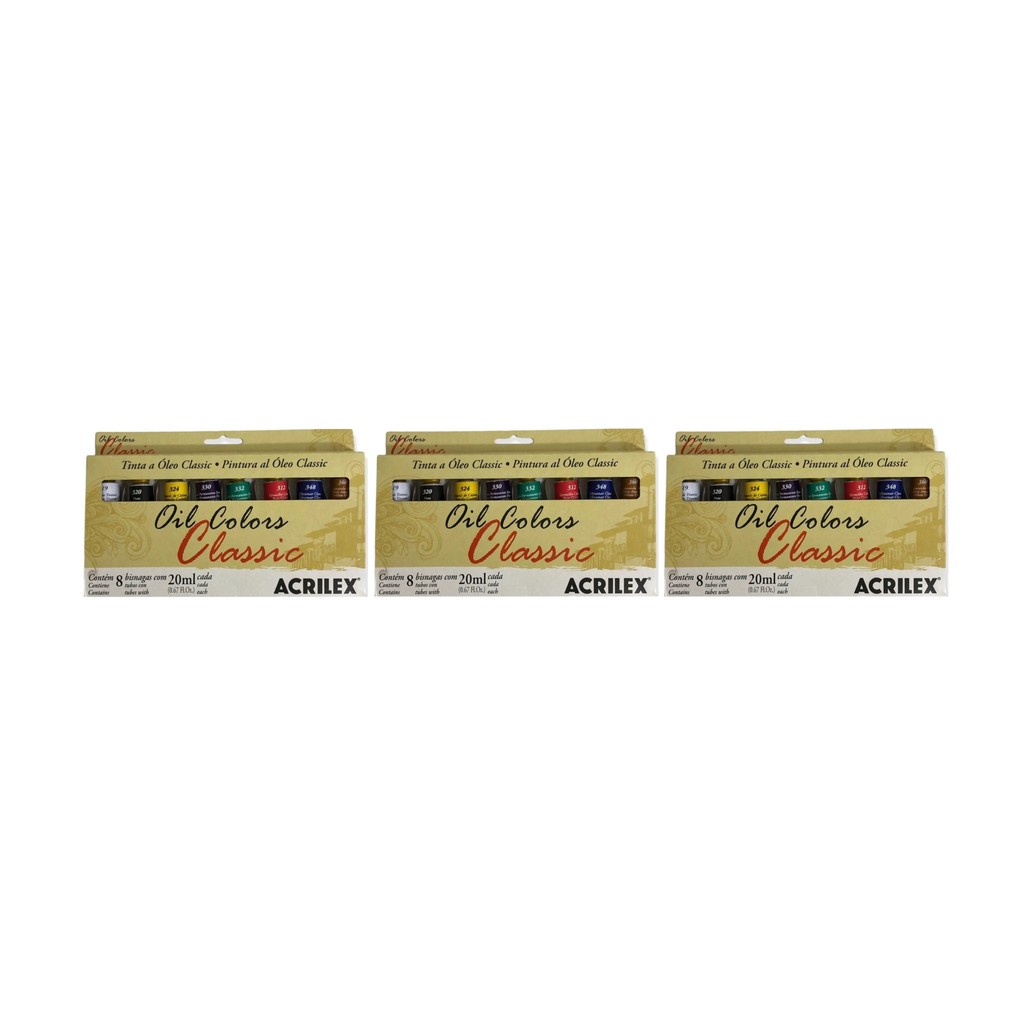 3 Kit de Estojos De Tinta A Oleo Acrilex Oil Colors 20ml 8 Bisnaga Cobertura Pigmentação Resistência
