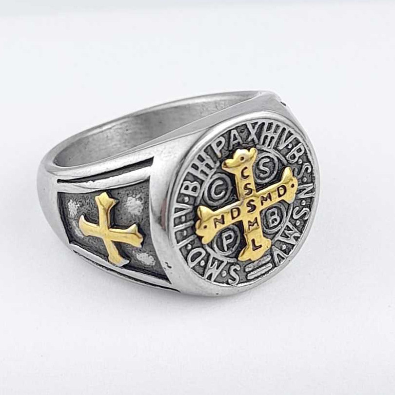 Anel Escudo São Bento Duas Cor Cruz Dourada