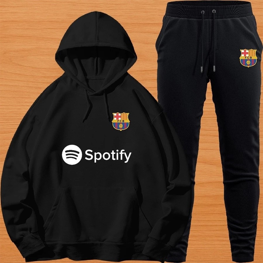 Conjunto Moletom Canguru Masculino Barcelona Blusa De Frio + Calça Moletom Estampados Unissex Outono/Inverno
