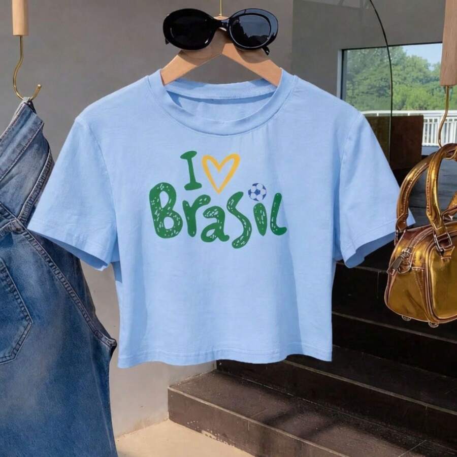 Cropped Feminino  Camiseta Leve de Mangas Curtas Perfeita para Assistir a Copa do Mundo Jogos da Seleção Brasileira