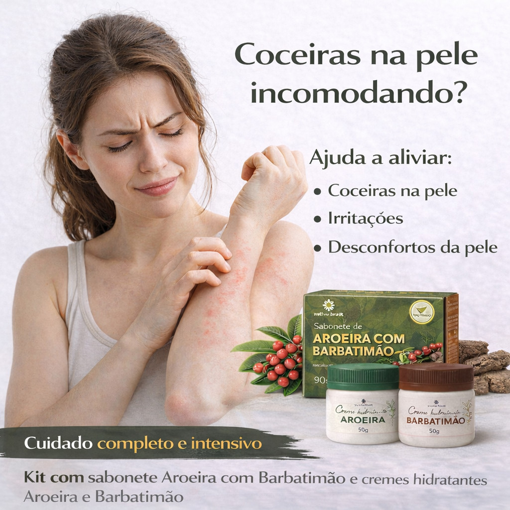 Kit sabonete + creme aroeira + creme de barbatimão para coceira e irritação de pele foliculite odor