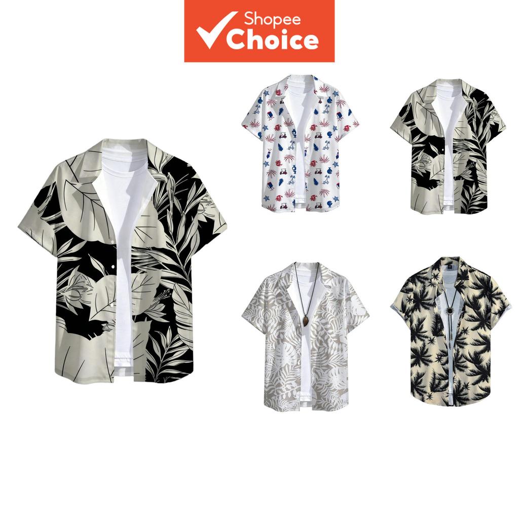  Camisa Havaiana Masculina de Poliéster de Manga Curta com Estampa Tropical
