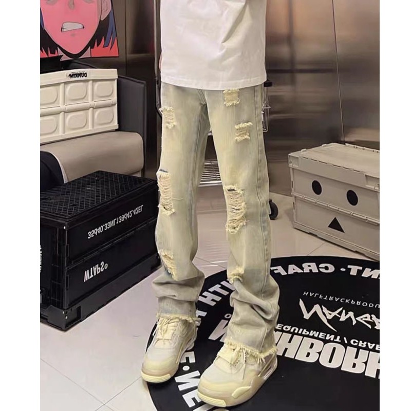Americano High Street oversize Jeans retos mais magro olhar lavado amarelo lama rasgado desgastado calças masculinas mag