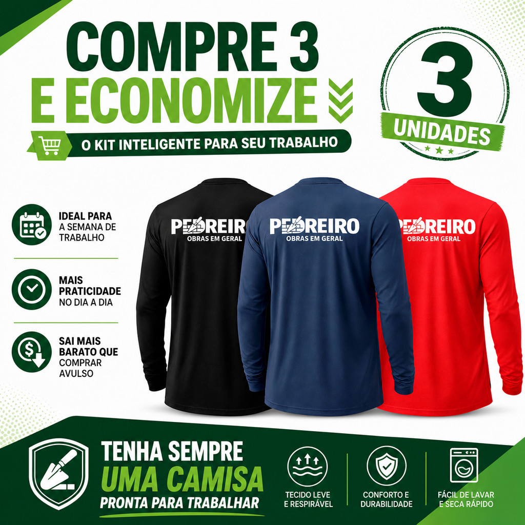 Kit 3 Camisas Manga Longa Para Obra Construção Civil Serviços Gerais