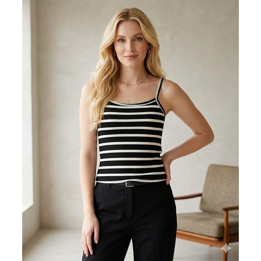 blusa feminina regata alça listrada preto branco canelada perfeita elegante