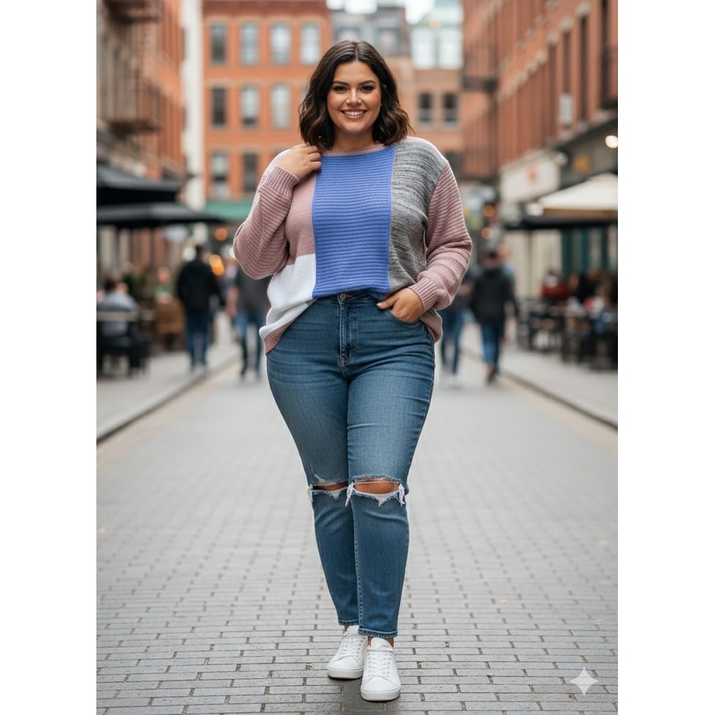 Blusa Tricot Plus Size Color Block Manga Longa Confortável Moderna Casual Feminina