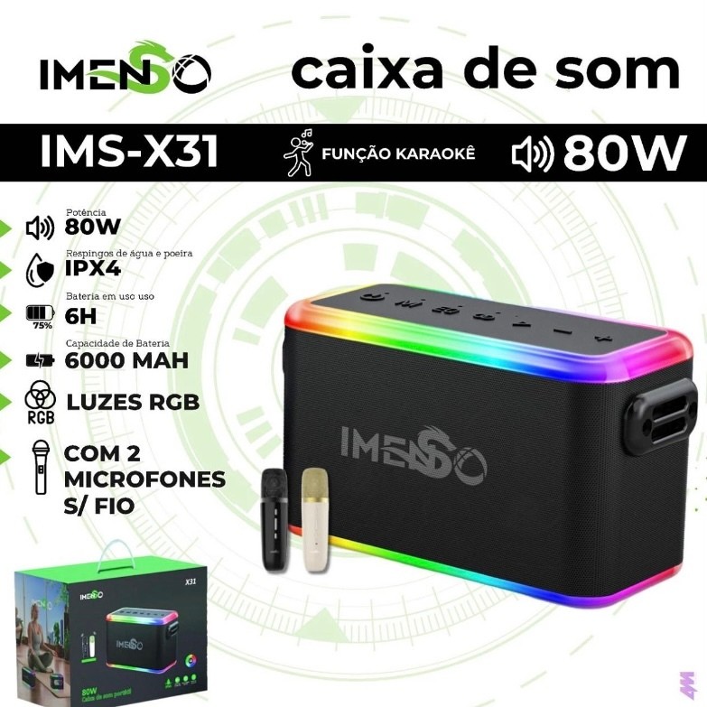Caixa De Som 80w Ipx4 Com 2 Microfones festa RGB à prova d'água, IMENSO X31
