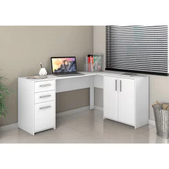 Mesa Escrivaninha Moderna de Computador Notebook Office Legna 3 Portas 2 Gavetas Branco - MoveisAqui