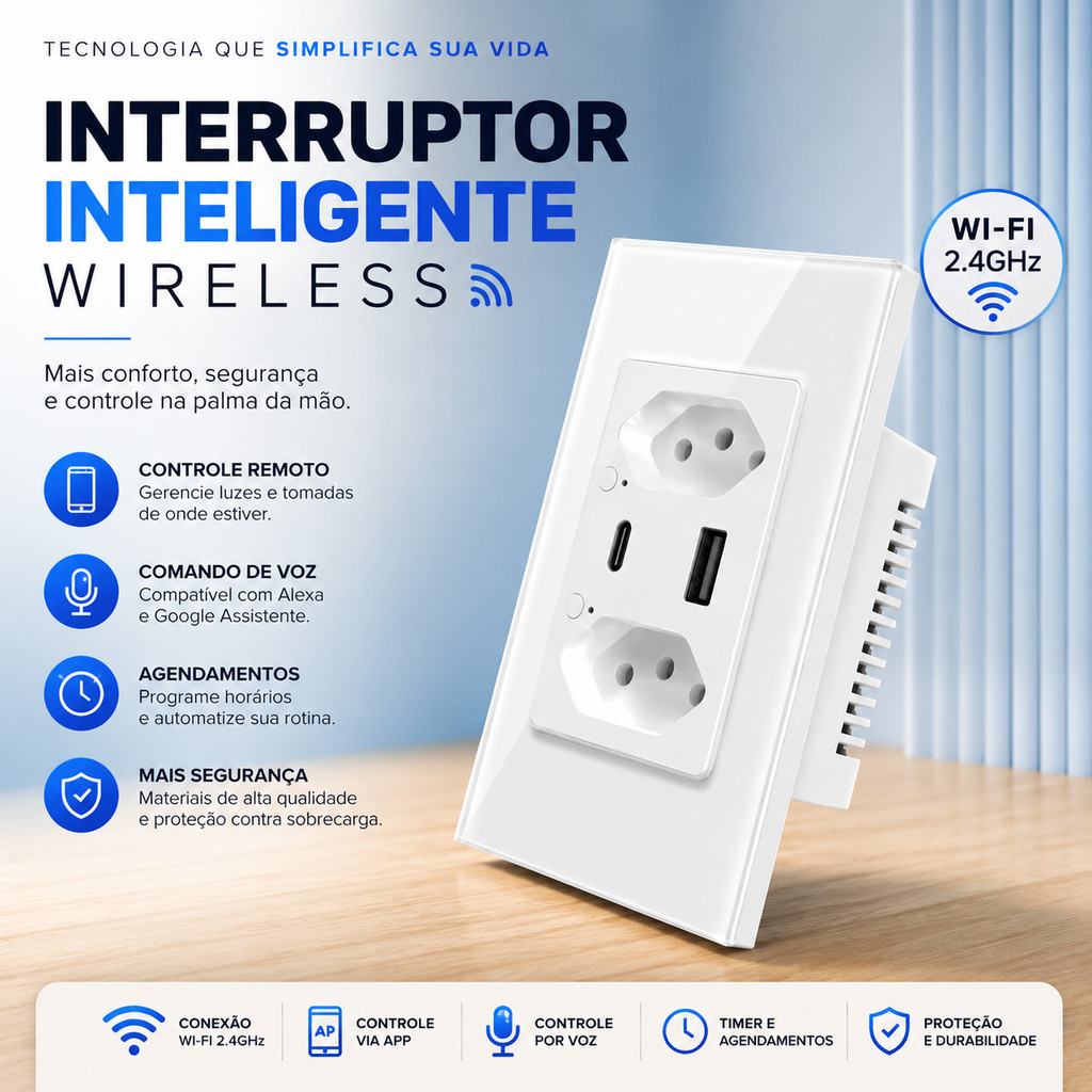 Interruptor Inteligente Wireless WiFi Alexa Google Home Touch Vidro Temperado Bivolt10A Preto Branco