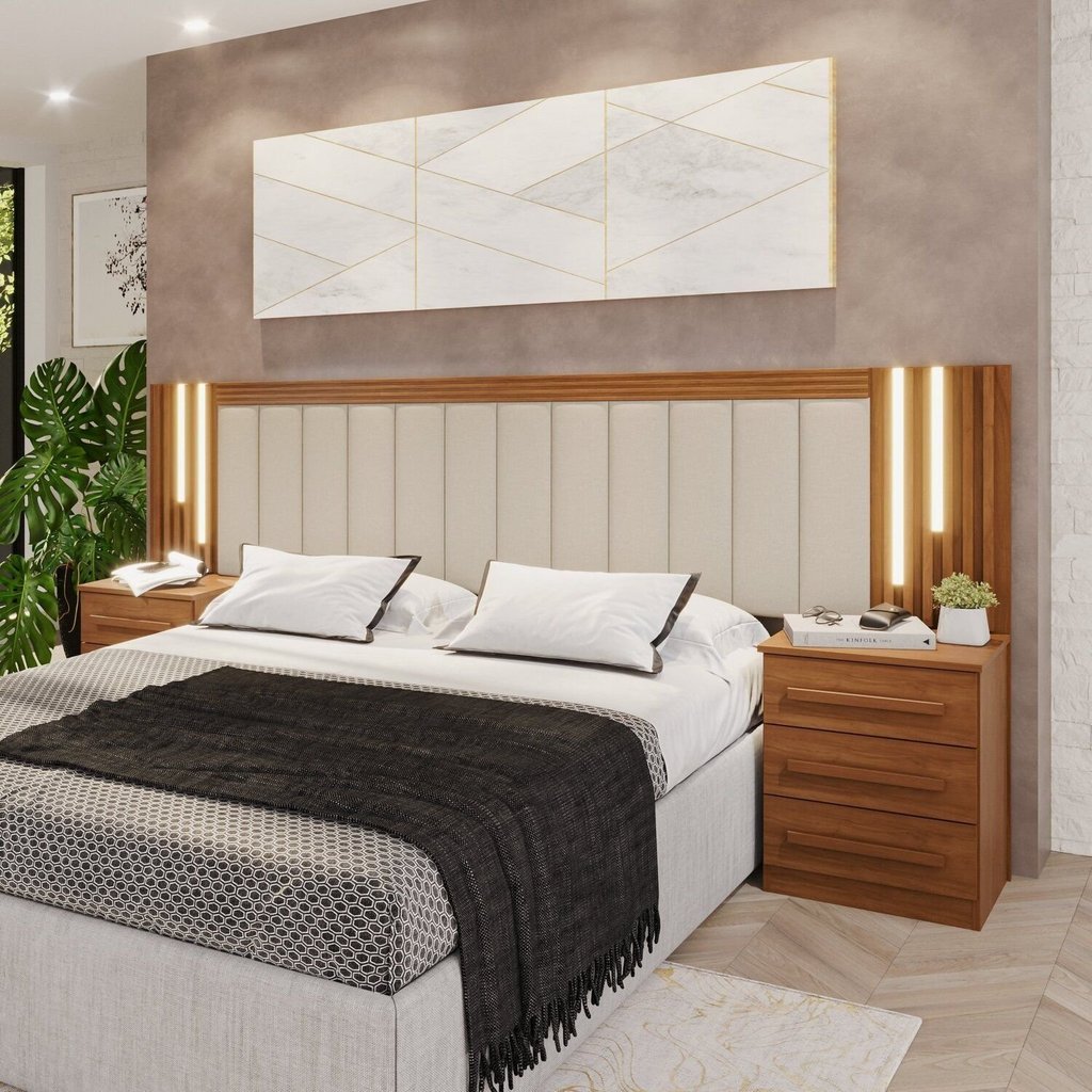 Cabeceira Casal Extensível Estofada com LED Luminous Yescasa Cinamomo/Leblon Areia