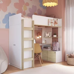 Cama Elevada Multifuncional com Armário e Escrivaninha Branco/Carvalho Araguaia Branco/Carvalho