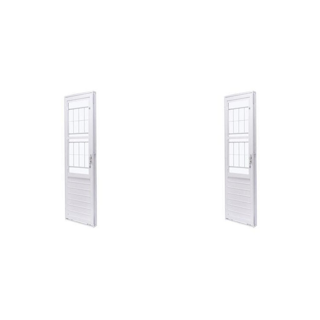 Kit com 2 Portas de Aço com Postigo 215x83cm com Grade Quadriculada e Vidro Liso Unicsol Ramassol