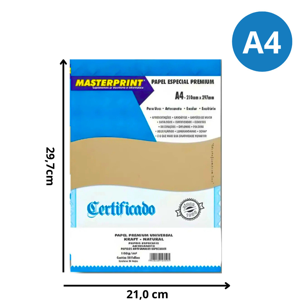 Kit Com 200 Folhas Kraft Premium 180g/m² A4- MASTERPRINT  (4 pacotes com 50)