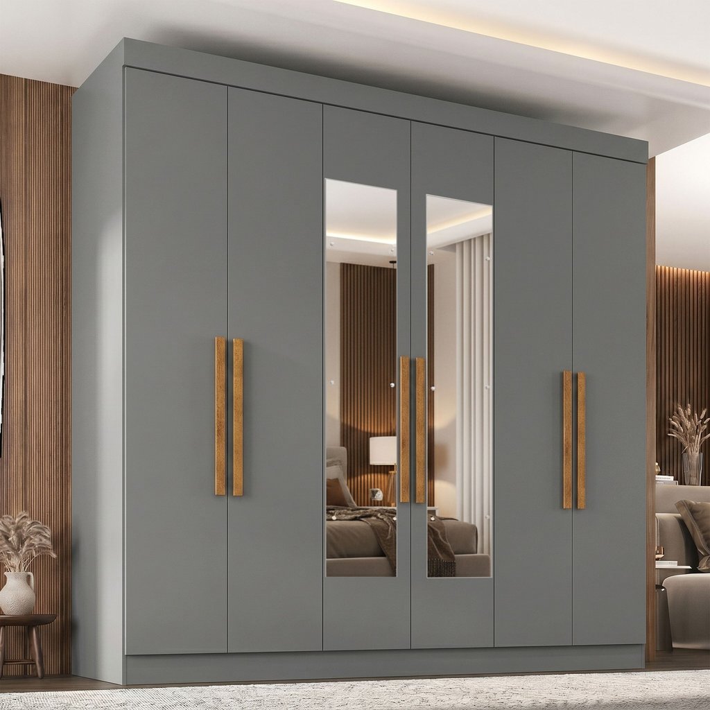Guarda-Roupa Casal com Espelho 6 Portas 2 Gavetas Paris Cinza/Onix Ônix
