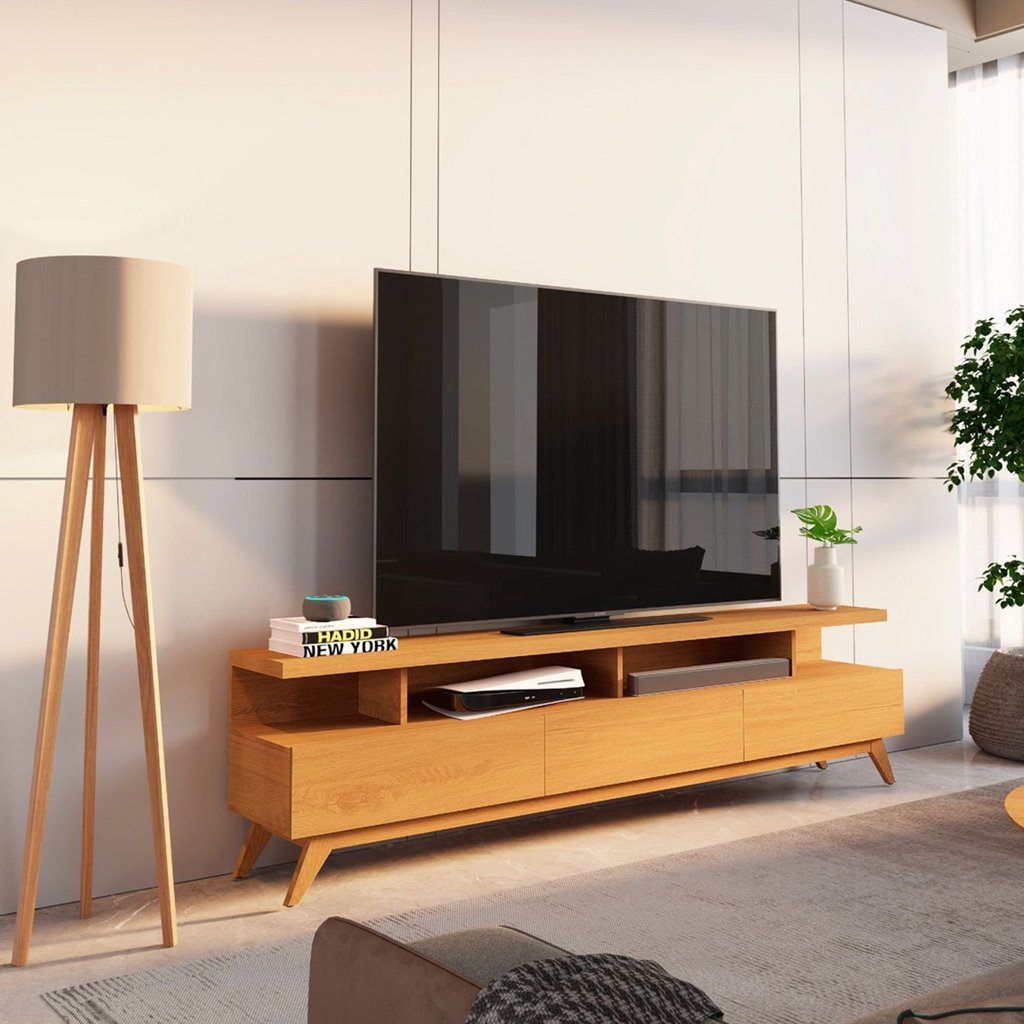 Rack para TV até 72 Polegadas 100% MDF 180cm Pés em Madeira Maciça Yucca CabeCasa MadeiraOriginals Bege Nature Nature
