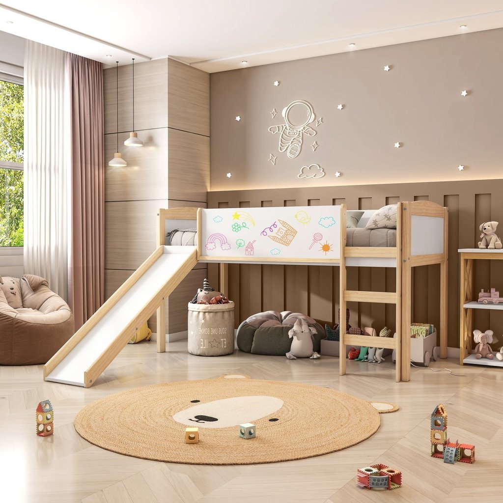 Cama Alta com Escorregador e Lousa Madeira Maciça/MDF Exclusive Casatema MadeiraOriginals Branco/Marrom
