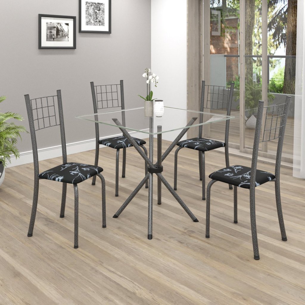 Conjunto de Mesa Tubular 70x70cm Tampo em Vidro com 4 Cadeiras Dany Cinza/Preto Floral/Martelado Prata/Incolor Preto