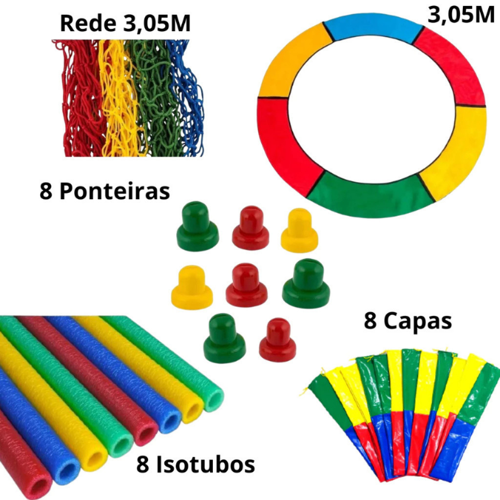 Acessórios p/ Cama Elástica 3,05m — Rede + Protetor Molas + Molas + Ponteiras + Isotubos + Capas