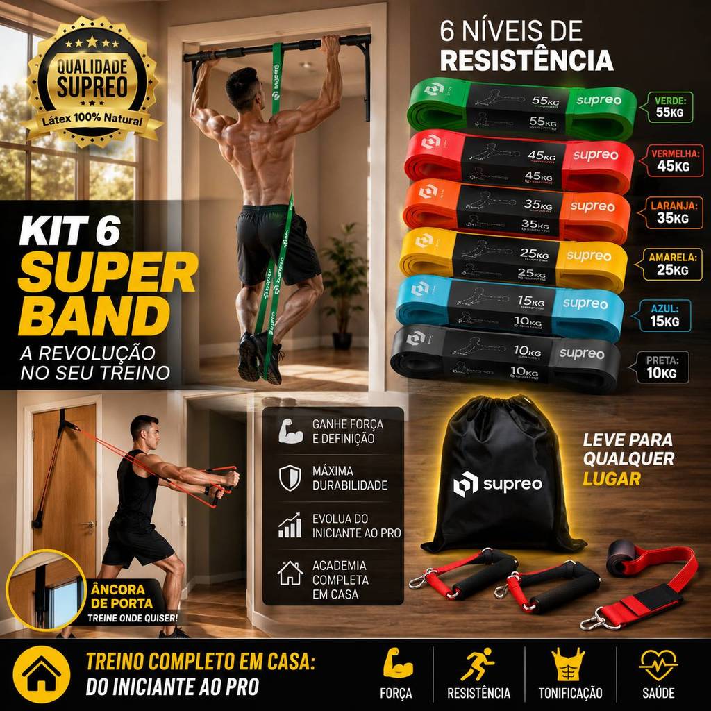 Imagem Kit 6 Super Band Elástico Extensor Treino Em Casa 6 Intensidades Crossfit Pull Up Completo Com Puxadores Ancora Porta