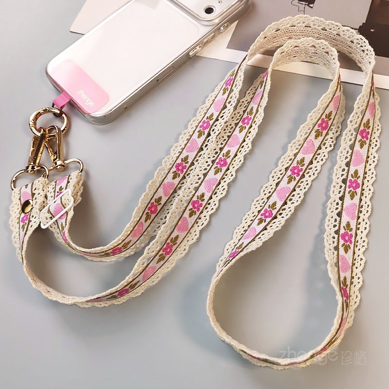 Cordão de telefone móvel Cross-corpo longo Super agradável bordado oco renda ajustável Webbing ao ar livre montanhismo v