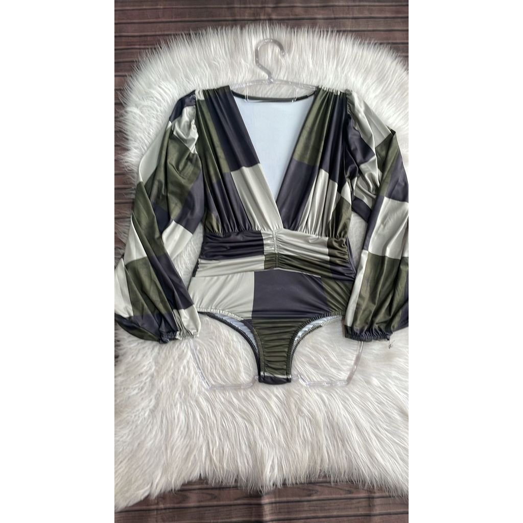 Body Feminino Estampado Manga Longa Bufante Premium Body Trançado Decotado Gola V Moda Blogueira