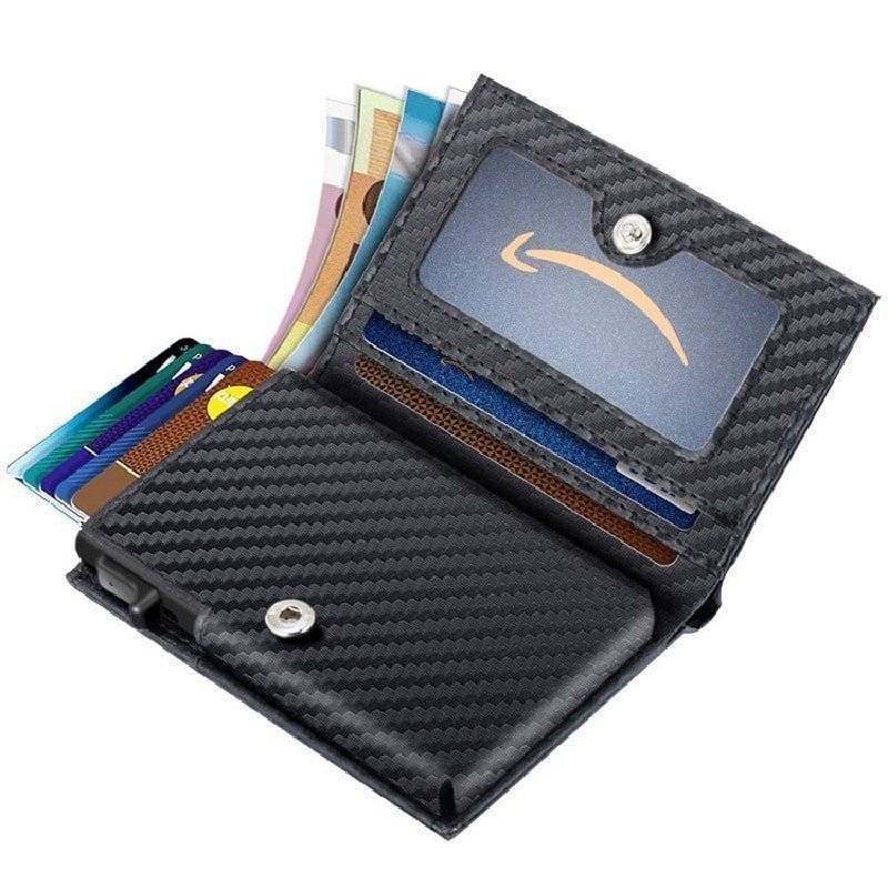 Carteira De Couro De Carbono Para Negócios Metálica De Alumínio Homens rfid Bloco Genuíno Porta-Cartões Pop-Up Fino