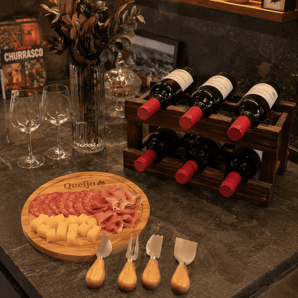 Kit Vinho e Queijo Premium Adega Madeira 6 Garrafas Suporte Porta Vinho + Tábua de Frios Completa com Facas Utensílios